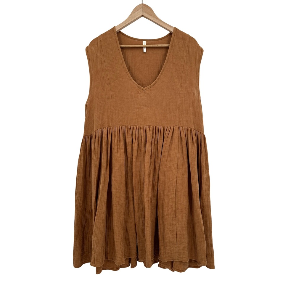 Rylee + Cru Avery Dress Camel Women Cotton Gauze Babydoll V-Neck Sleeveless L